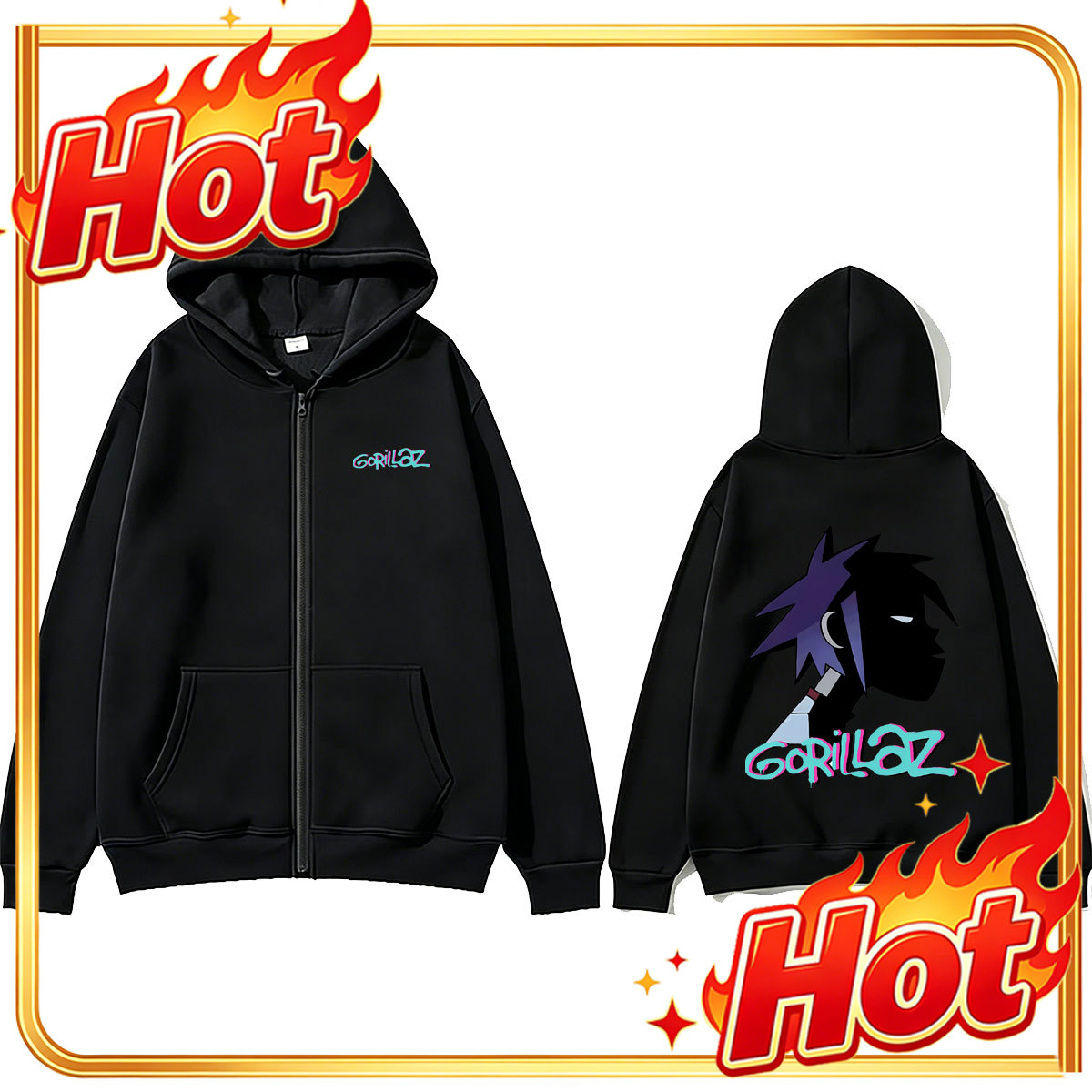 Rock Band Gorillaz Face Graphi - Mens Fashion Zip Up Hoodies 评论和价格