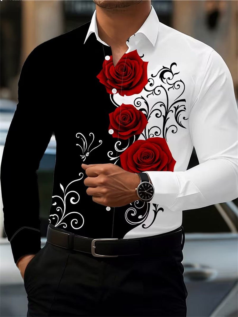 Men's Red Rose Print Long-Slee - Mens Fashion Clothes 评论和价格