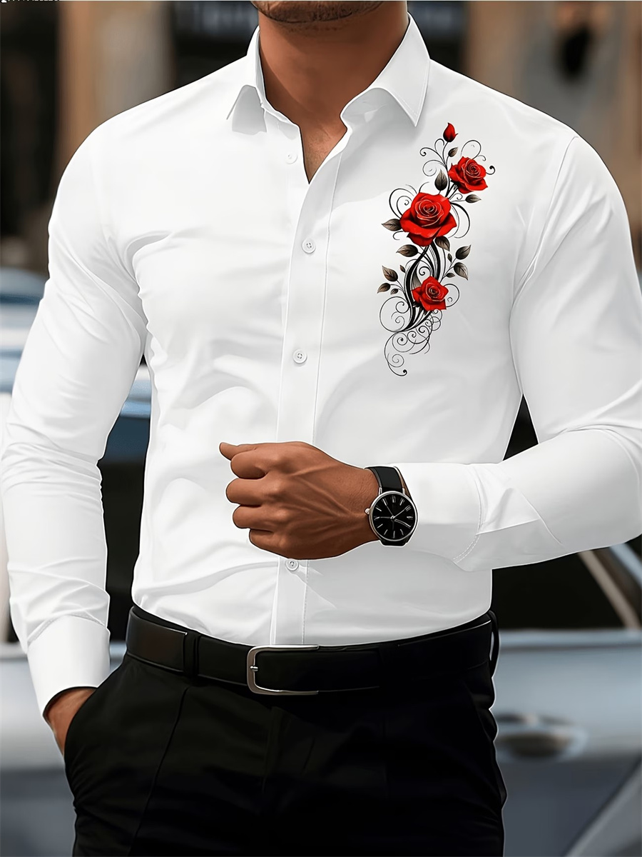 Men's Red Rose Print Long-Slee - Mens Fashion Clothes 评论和价格
